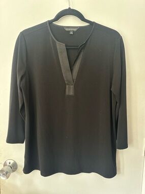 Banana Republic Black Split V-Neck Long Sleeve Top with Satin Trim